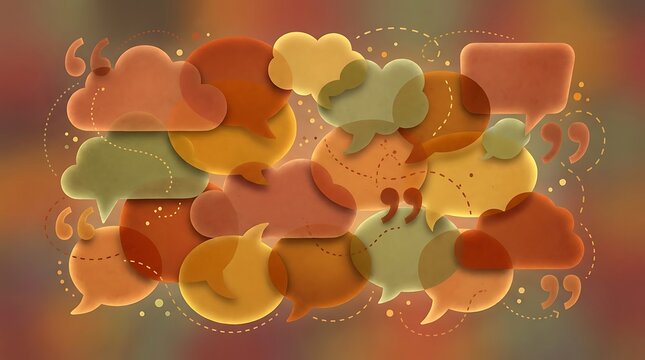 Communication and conversation concepts with speech bubbles and quotation marks creating abstract patterns for storytelling ideas