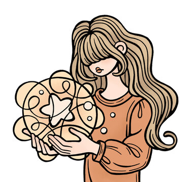 Mental health awareness icon drawing of sad woman holding tangled glowing star of hope in mind chaos. Concept of inner healing, anxiety, psychology and emotional struggle on transparent background.