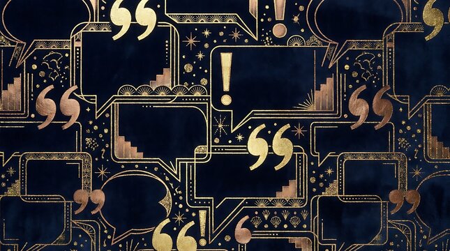 Decorative art deco pattern featuring gold speech bubbles and punctuation marks on dark navy blue background for design