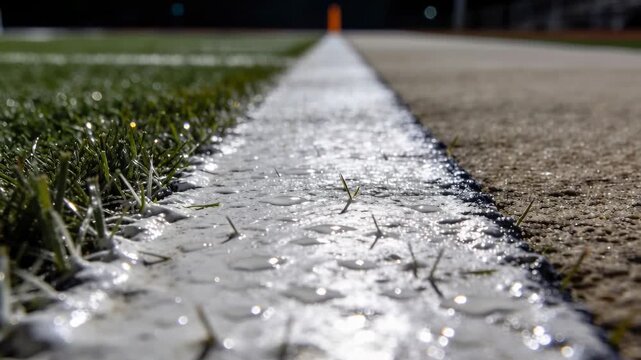 Moving camera sliding along white line at night focusing on droplets and grass toward orange cone