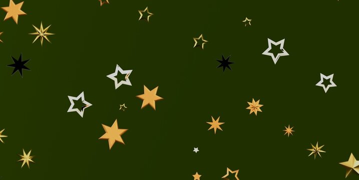 Decorative stars in gold, white, and black against a rich green background.
