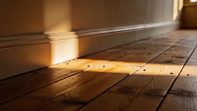 Shifting sunlit rectangle moving along worn wooden plank floor near baseboard, coming from window