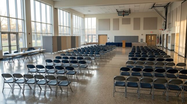 Empty Election Polling Station Interior with Voting Booths and Chairs Prepared for Voters