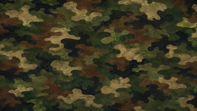 Repeat woodland camouflage pattern in green, brown and black textured fabric