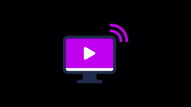 Purple monitor screen video playback icon featuring diagonal shine animation for digital media software, high quality video footage monitor, shine, screen, video, media