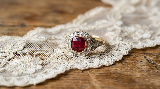 Antique gold ring with cushion cut ruby and diamond halo resting on white lace over a rustic wood surface.