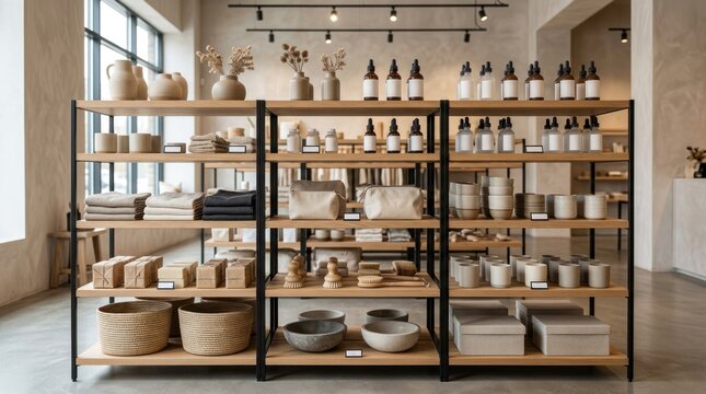 A modern, minimalist store display featuring wooden shelves stocked with various home and beauty products.