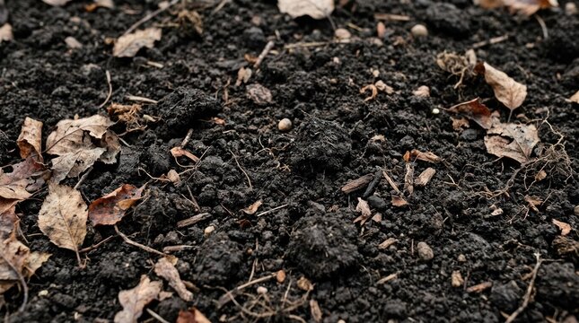 A close-up of a soil sample with a mix of organic matter and small rocks.