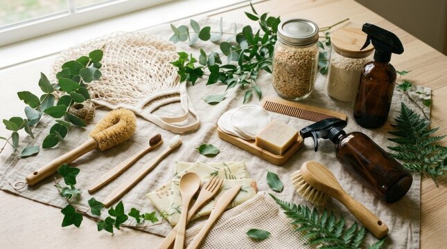 A wooden table with a variety of eco-friendly cleaning and kitchen tools, including a mesh bag, glass jars, and wooden spoons, surrounded by greenery and a window.