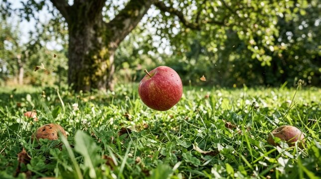 An apple falling in a grassy field with a tree in the background.