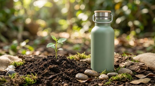 A green reusable water bottle with a plant growing out of it in a lush, green forest setting.