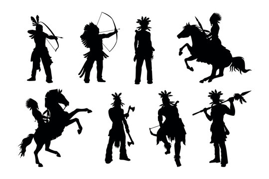 Black Native American warrior silhouettes set, chiefs with bow, spear, tomahawk and horses, vector