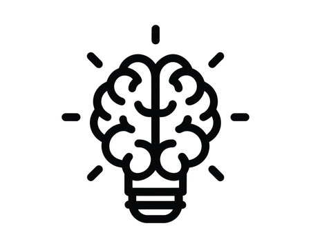 Brain light bulb icon in black line art style isolated on white background for creative thinking and intelligence