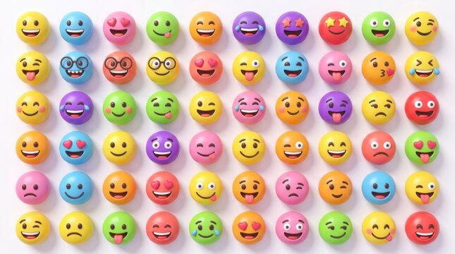 A colorful array of emoji faces on a white background.