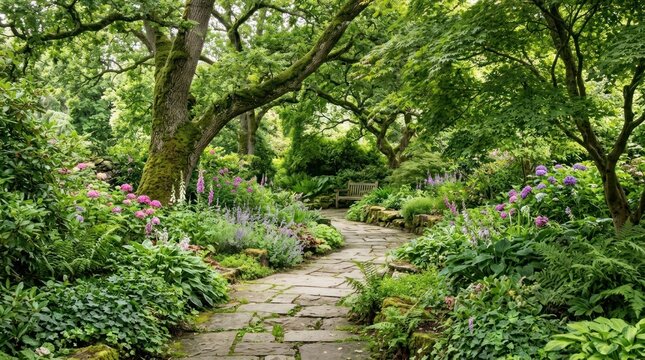 A serene garden path surrounded by lush greenery and blooming flowers, with a stone pathway leading through a dense forest of trees and shrubs.