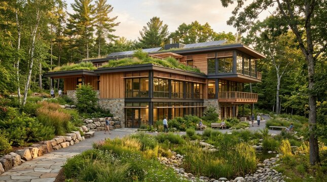 A modern, sustainable home with a green roof and solar panels, surrounded by lush greenery and a stone patio.