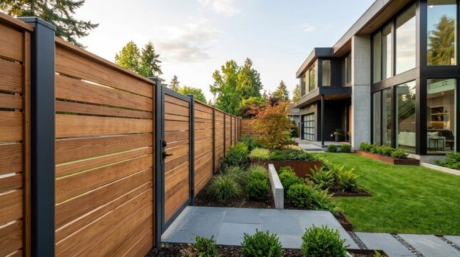 A modern, minimalist garden with a wooden fence and a house in the background.