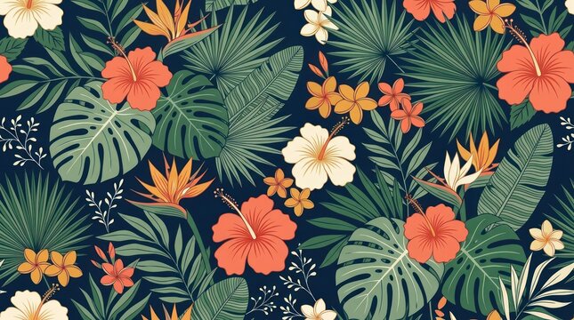 Tropical floral pattern with hibiscus, palm leaves, and tropical flowers on a dark background.