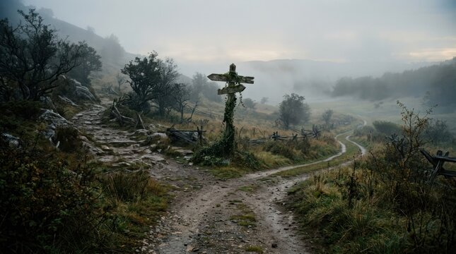 A foggy, misty landscape with a wooden cross and a path leading into the distance.