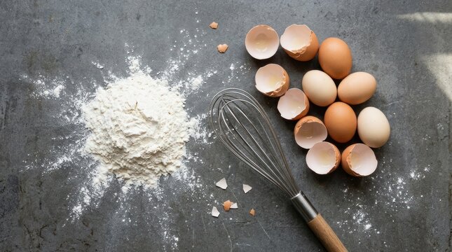 A whisk and eggs on a table with flour.