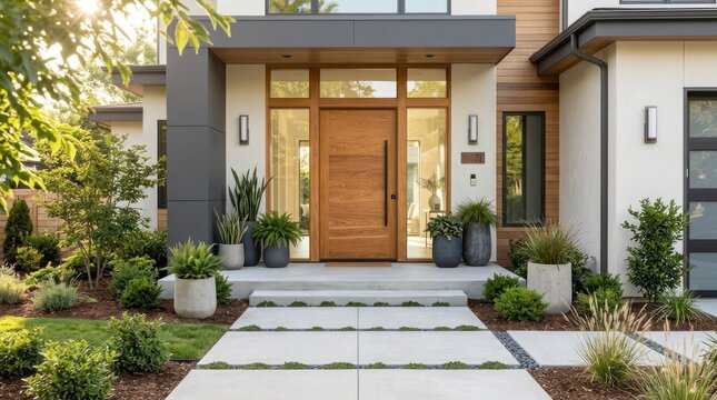 A modern, contemporary house with a wooden front door and a large, open balcony.