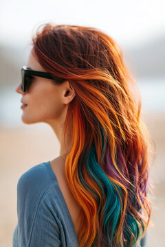 Profile view of a woman with long vibrant orange, teal, and purple highlighted hair wearing sunglasses.