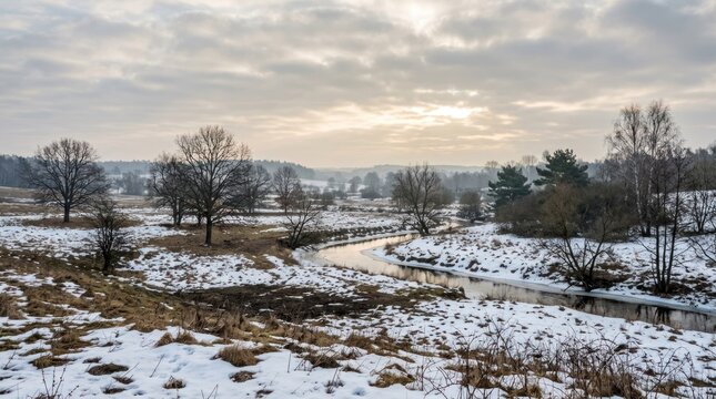 A serene winter landscape with a small stream flowing through a snow-covered meadow, surrounded by trees and a cloudy sky.