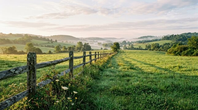 A serene rural landscape with a wooden fence, green fields, and distant mountains under a clear sky with scattered clouds.
