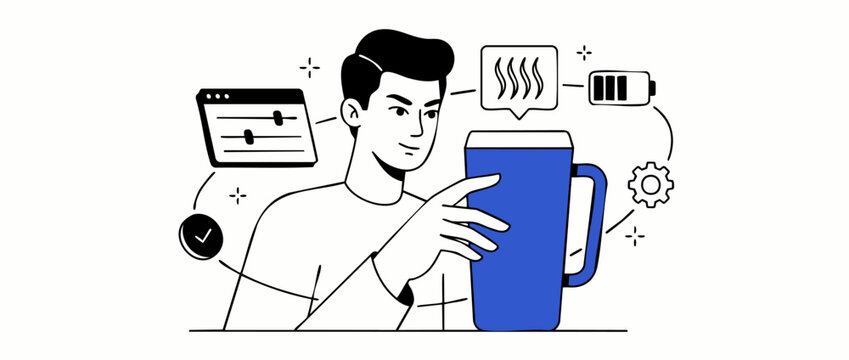 Smart mug temperature control illustration of man using connected heating travel cup app interface settings wireless battery powered mug vector line art graphic isolated on white background concept