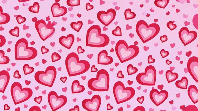 Animated pink and red hearts pattern on a soft pastel pink background, playful romantic love symbols in different sizes creating a cute Valentine's Day motion graphic and seamless style wallpaper