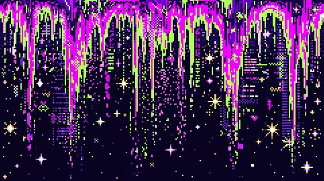 Abstract pixel art background with melting neon purple and green liquid drips and sparkling stars.
