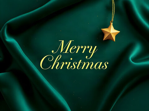 Merry Christmas holiday appreciation banner with gold star on deep emerald green velvet background