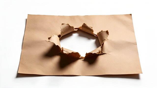 Brown kraft paper sheet featuring a ripped hole revealing blank white space underneath for your creative design concepts and custom marketing messages