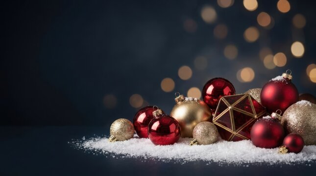 Christmas ornaments scattered on snow with bokeh lights background festive season