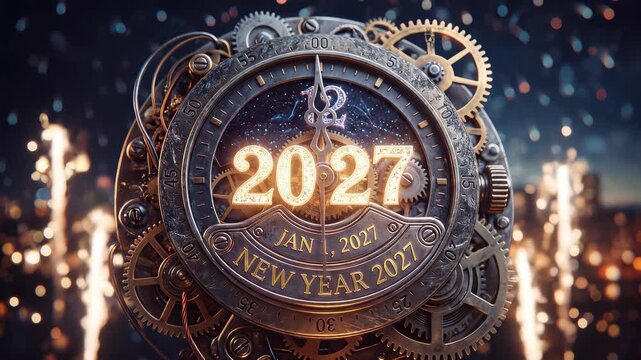 A detailed steampunk clock showing midnight and the arrival of the New Year 2027 with intricate gears and fireworks in the background