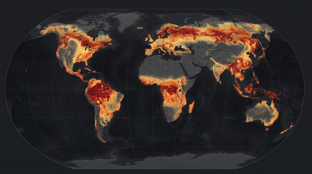 Detailed global population or heat density map of world continents isolated on dark background