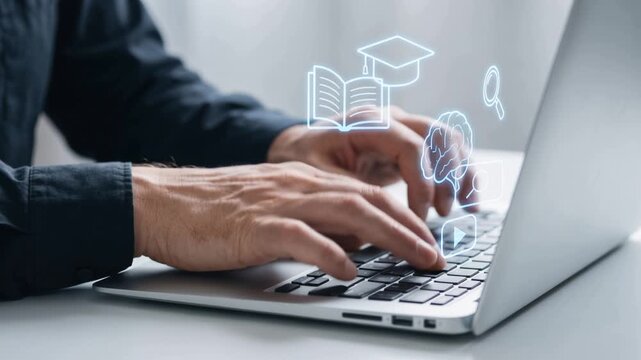 Professional working on laptop surrounded by digital education icons, including book, graduation cap, brain, search symbol, and video icon, representing e-learning platforms, online course, 4K video