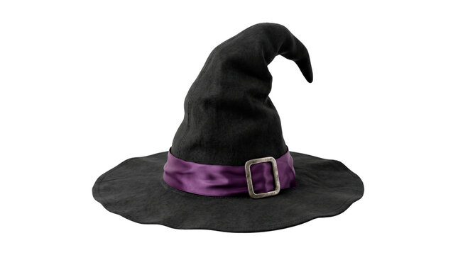 Realistic Black Witch Hat with Purple Ribbon, No Background, Transparent PNG