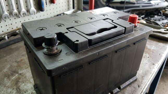Heavy duty lead acid automotive accumulator car battery with negative and positive electrical terminals designed for vehicle engine starting power electrical charging and automobile maintenance car