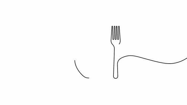 Line art animation of cutlery and bowl depicting minimal utensils drawing unfolding on white background. 4K animation.