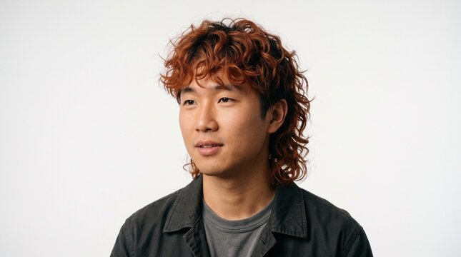 Portrait of a young Asian man with red curly mullet hairstyle isolated on white background