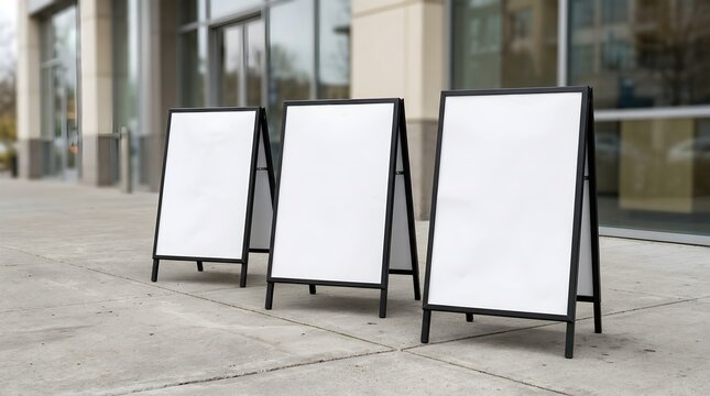 Three empty black sandwich boards are positioned on a city sidewalk in front of a shop with intentionally blurred storefront glass windows
