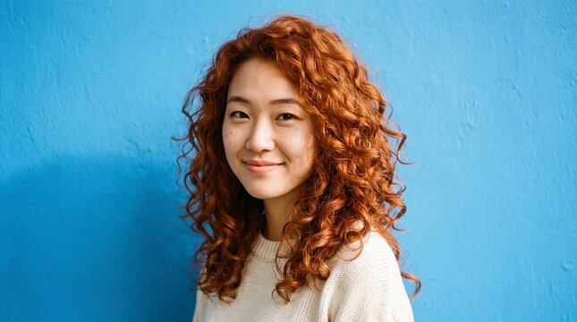 Beautiful Asian woman with red curly hair smiling gently isolated on blue background