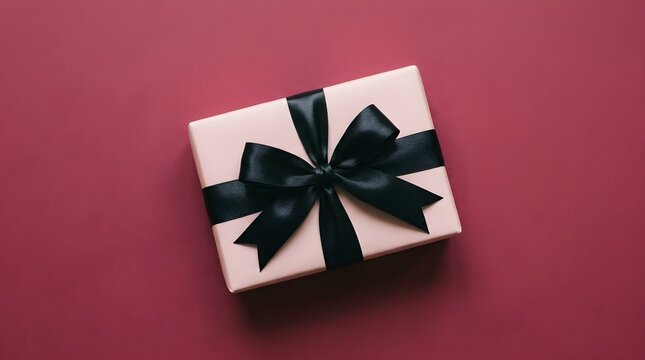 A beautifully presented gift box tied with a classic black ribbon set against a luxurious deep red backdrop ideal for joyous celebrations