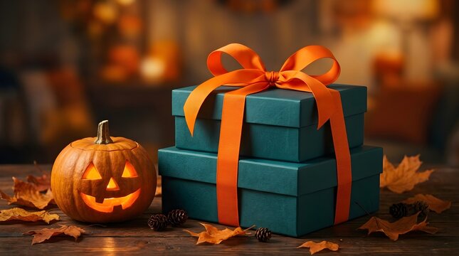 Beautiful halloween presents with a creatively carved pumpkin and soft glowing bokeh lights establish a warm and inviting autumnal mood for festivities