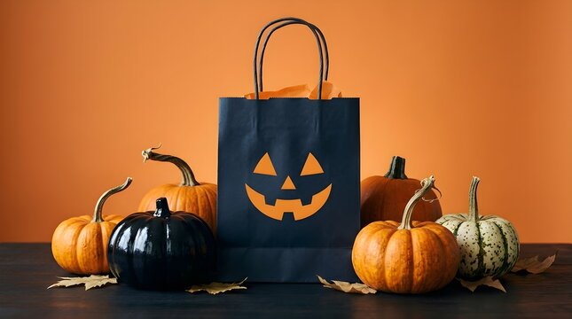 A festive halloween still life featuring a glowing jack o lantern and a treat bag with pumpkins and autumn decor