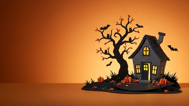 A frightening and spooky haunted house stands with a stark bare tree and illuminated windows against a bright orange halloween backdrop