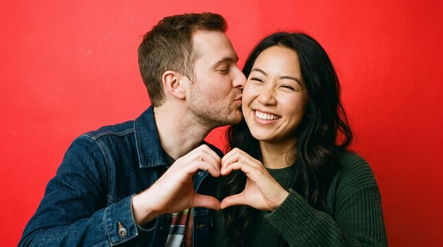 Caucasian man kissing smiling Asian woman on cheek while making heart gesture on red background