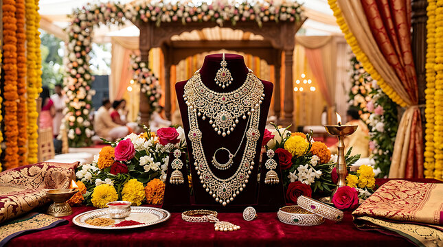 Exquisite Indian bridal jewelry set with gold and diamond necklaces and earrings displayed at a traditional wedding ceremony.