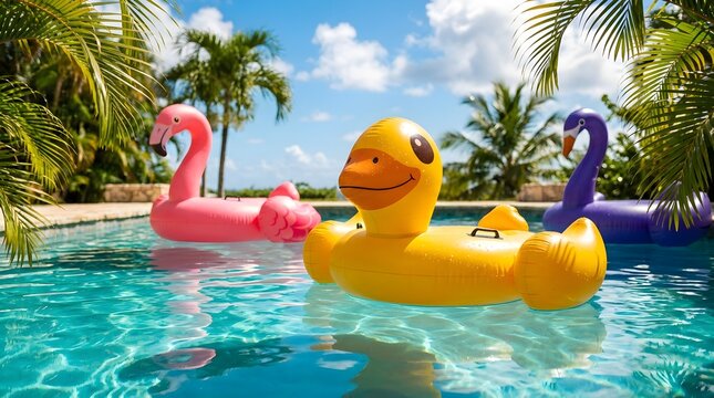 Vibrant colorful inflatable pool floats in the shapes of various animals are peacefully relaxing in a clear blue swimming pool on a